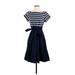 eShakti Casual Dress - Fit & Flare Boatneck Short sleeves: Blue Stripes Dresses - Women's Size X-Small