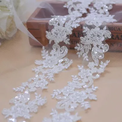 1 Yard Embroidery Lace Fabric Appliques For Wedding Dresses Rhinestone 4CM Wide