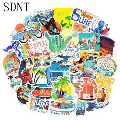 50 PCS Surfing Sticker Pack Surfboard Summer Cool Car Stickers and Decals Waterproof Stickers for