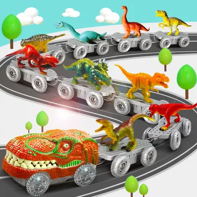 Dinosaur Toys-Magical Train Track Racing Toy Bend Flexible Race Track Flash Light Car Educational