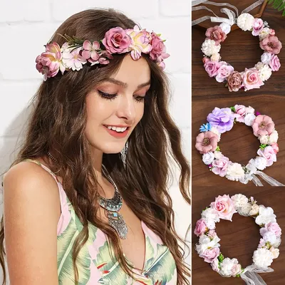 Flower Crown Wreath Bride Headpiece with Ribbon Handmade Headband Garland Girls Fairy Tiaras Wedding