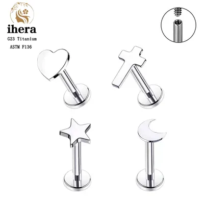 G23 Titanium Silver Color Heart Studs Earrings ASTM F136 Nose Studs Flat Star Top Lip Ring Ear