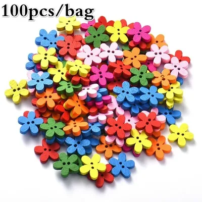 100 Pcs 2-hole Mixed Flower Wooden Decorative Buttons Suitable for Sewing Clip Arts and Crafts Multicolor 14x15mm