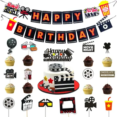 Party Cupcake Topper Movie Night Paries Birthday Movie Theme Party Popcorn Cinema Ticket Lamplight