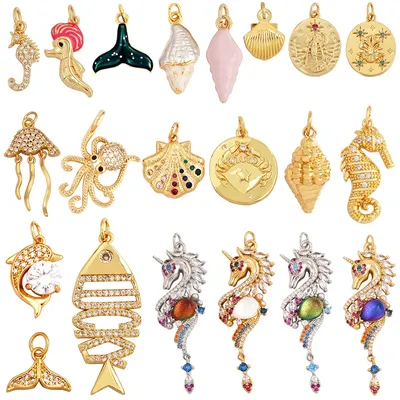 Blue Ocean Shell Jellyfish Conch Dolphin Sea Horse Fish Bone Shrimp Charm Pendant,Gold Plated Zircon