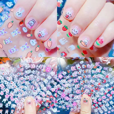 30pcs Children's Cartoon Rabbit Nail Stickers with Sequins and Glitter Colorful Flowers DIY Decal