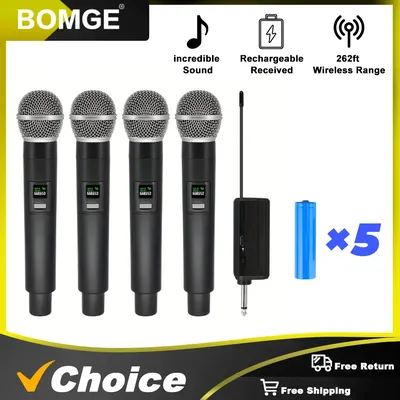 BOMGE 4 channel wireless microphone Karaoke Mic Fixed Frequency with Rechargeable Receiver Battery