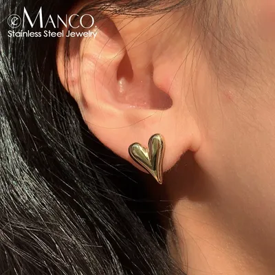 eManco Stainless Steel Heart Stud Piercing Earrings Hip Hop Style Minimalist Korean for Women's Jewelry