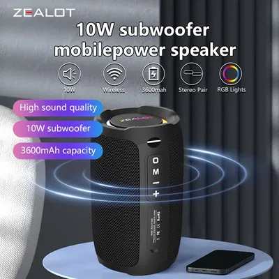 Zealot S49 10W Portable Ourdoor Wireless Subwoofer Speaker,Waterproof IPX 6,Dual Pairing,3600mAh Battery, 12 Hours Playtime