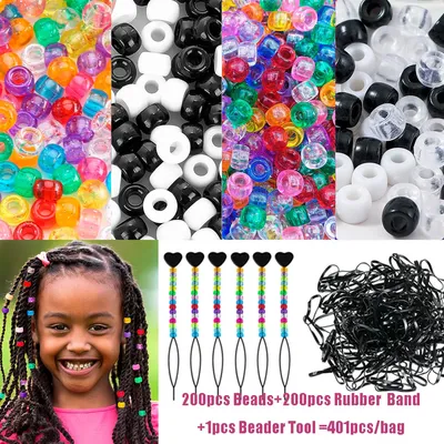 401Pcs/Bag Beads Kit for Hair Braids 200pcs 9x6mm Glitter Pony Beads 200pcs Elastic Rubber Bands and