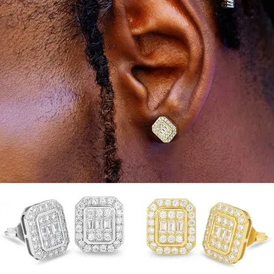Hip Hop Rock Ear Stud Earrings for Men Iced Out Cubic Zirconia Bling Cartilage Accessories Homme