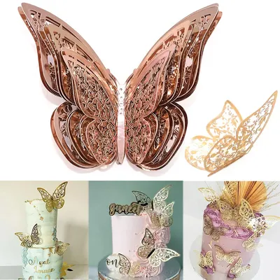 12Pcs Artificial Butterfly Happy Birthday Cake Topper Gold 3D Butterflies Cupcake Toppers For