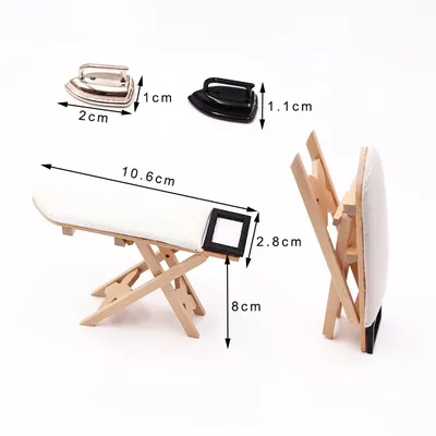 Dollhouse Vintage Miniature Wooden Ironing Board Mini Metal Black Flat Iron Furniture Model Sewing