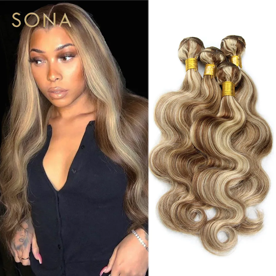 Piano Color P4/613 Highlighted Hair Bundles With Closure Remy Body Wave Ombre Ash Blonde Human Hair Weave With Highlights
