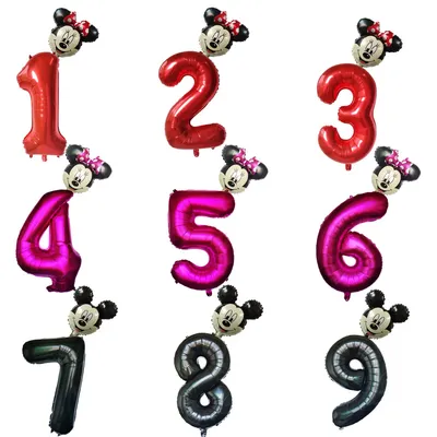 2pcs Disney Mickey Minnie Mouse Head Balloons 32inch Black Number Balloon Rose Red Pink Girl's