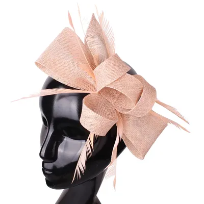 Imitation Sinamay Wedding Headwear Bride Champagne Fascinator Hat Hair Pin With Fancy Feathers Hair