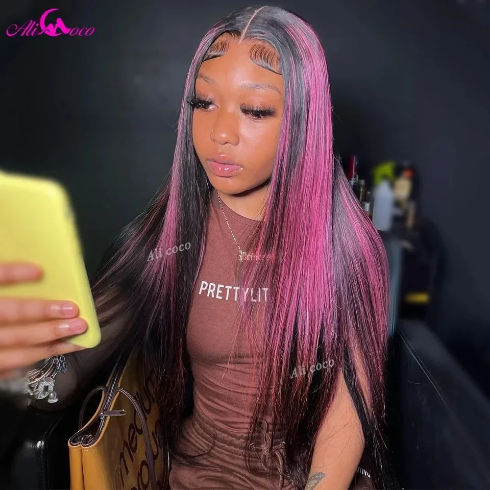Highlight Pink Straight Lace Front Wig Human Hair 13x4 Lace Frontal Wig For Black Women Brazilian Natural Hairline Remy Wig