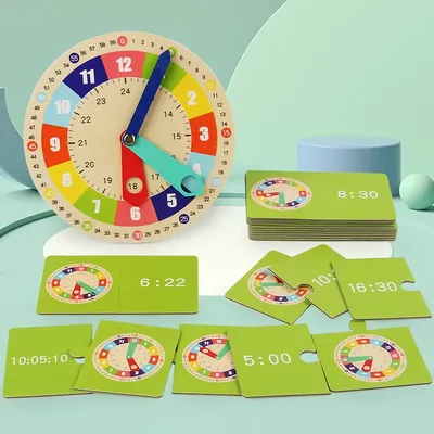 Wooden Clock Model Teaching Aid,Montessori Learning Clocks with Cards,Kindergartner Toy for