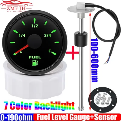 0-190 ohm Fuel Float Sensor + 52mm Fuel Level Gauge 7 Color Light Waterproof IP67 Oil Tank Meter