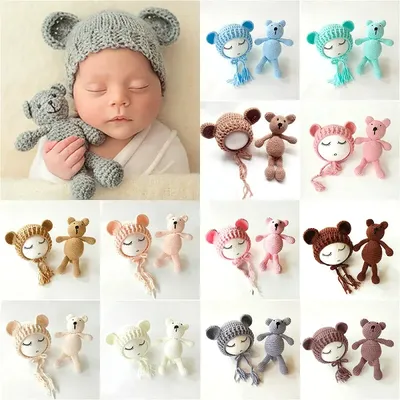 2PCS Newborn Photography Prop Baby Beanie Caps Dolls Toys Girls Boys Infant Baby Crochet Knitted Hat