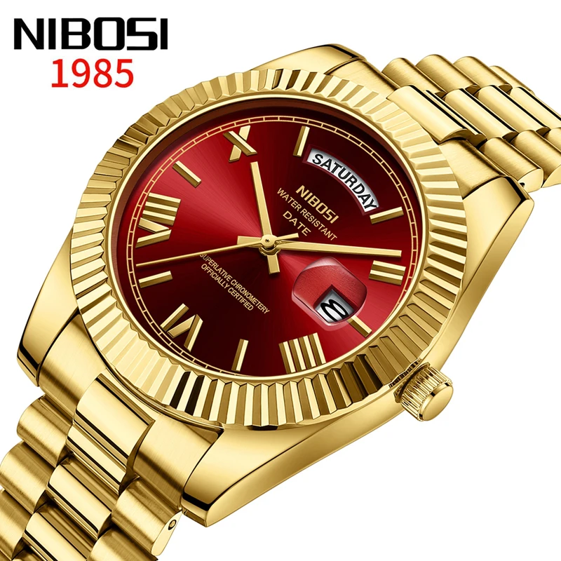 NIBOSI Brand Luxury Gold Red Quartz Watch for Men Stainless Steel Waterproof Luminous Date Week Fashion Men Watches Reloj Hombre