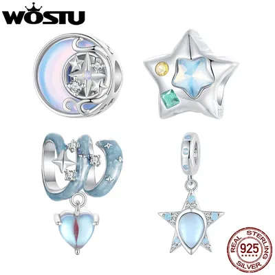 WOSTU 925 Sterling Silver Rainbow Moonstone Star Balloon Charm Moon beads Drop Pendant Fit Original Bracelet DIY Necklace Gift