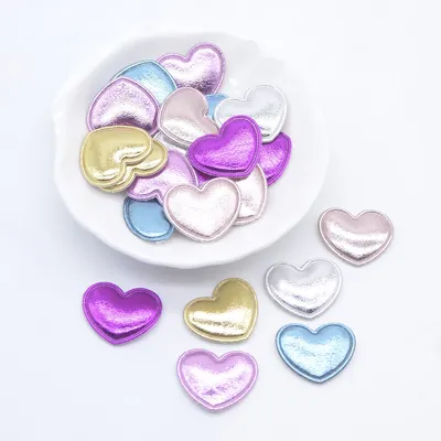 100Pcs 22*18mm Padded PU Leather Heart Appliques for DIY Headdress Hair Clips Bow Decor Clothes Hat