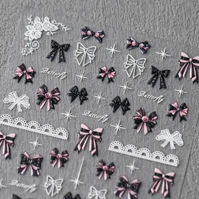 Pink Black Bowknot Retro White Lace Rose 5D Embossed Reliefs Self Adhesive Nail Art Stickers Vintage