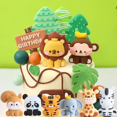 Jungle Safari Animal Cake Topper Lion Giraffe Monkey Elephant for Baby Shower Cake Decoration First