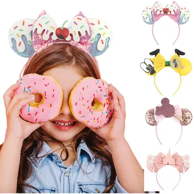 2024 Disney Donut Mickey Ears Headband Sequins Bow Hairband For Girls Festival Party DIY Hair