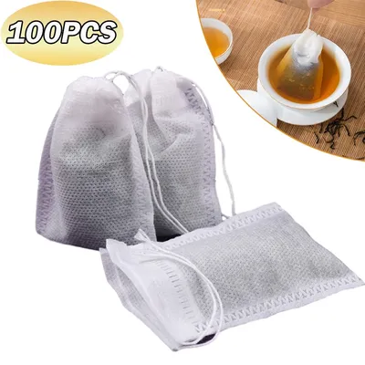 100Pcs Disposable Teabags Non-Woven Fabric Tea Filter Bag for Spice Tea Infuser with Draw String