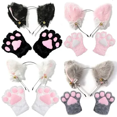 Cat Ear Bow Headband Necklace Cat Claw Gloves Cosplay Plush Bell Hairband Women Girl Masquerade