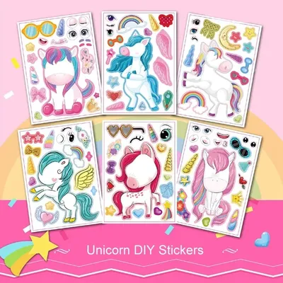 6/12Sheets Cartoon Unicorn Make A Face Assemble DIY Sticker Girls Unicorn Birthday Party Decoration