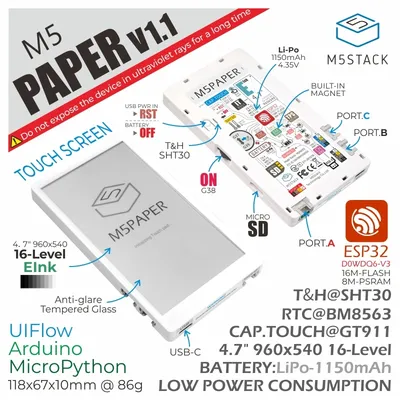 M5Stack Official M5Paper ESP32 Development Kit V1.1 (960X540, 4.7" eInk display, 235 ppi)