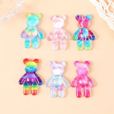 10Pcs 45*28MM Bear Charms Flatback Resin Cabochons Rainbow Candy Necklace Keychain Pendant DIY Making Accessories