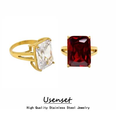 USENSET Shiny Big Square Zirconia Inlaid Stainless Steel Ring Unique High Base Charm Fine Jewelry