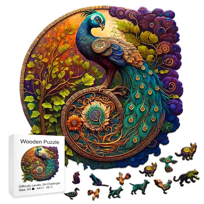 Adult Animal Wooden Puzzle Round Peacock and Bird Wooden Puzzle Children's Puzzle Toy Festival Gift