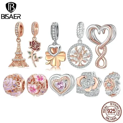 BISAER 100% 925 Sterling Silver Tree of Life Charm Bead Rose Spacer Plated Rose Gold Pendant Fit