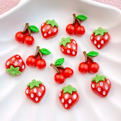 20Pcs New Cute Resin Mini Strawberries, Cherries Flatback Jewelry Making Manicure Hairwear Accessorie