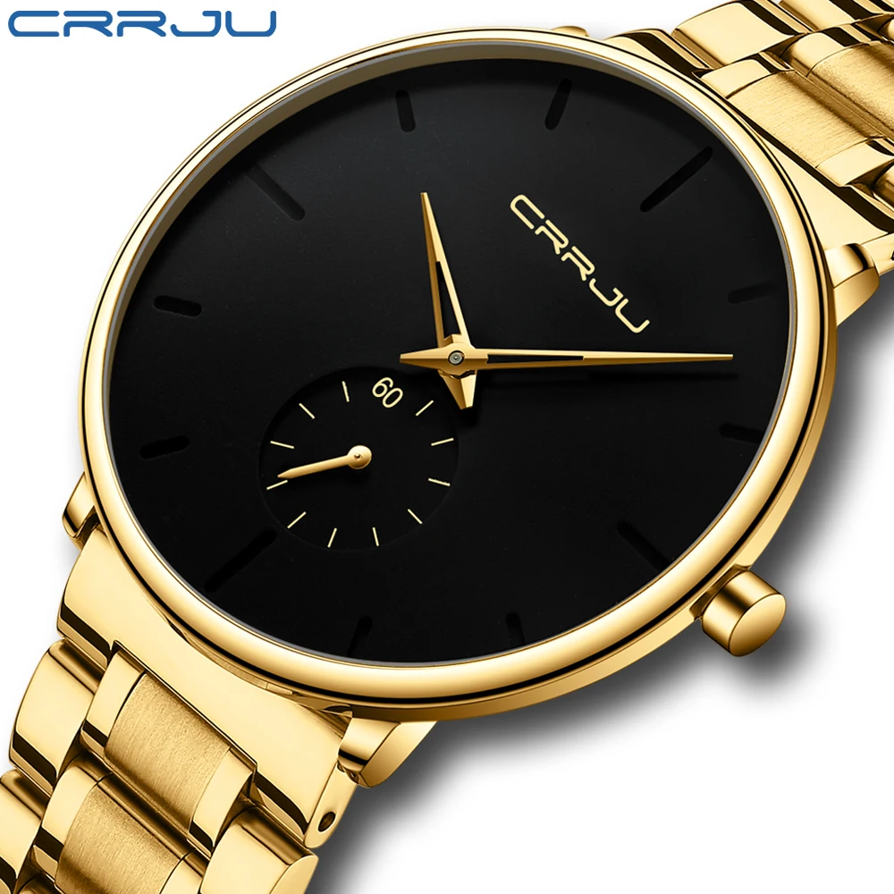 CRRJU Wristwatch For Men Military Sport Wrist Watch Gold Quartz Steel Waterproof Male Clock Watches Relogio Masculino