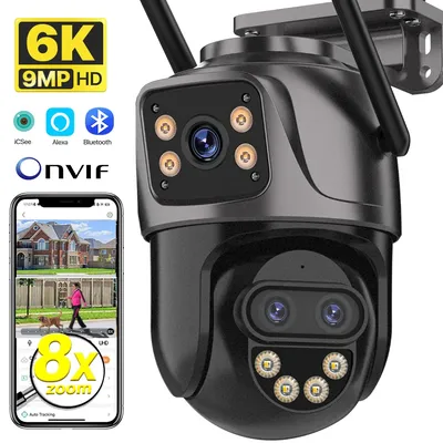 IP Camera 6K 9MP HD WiFi Outdoor Camera 8x Zoom Three Lens Dual Screen Home Security PTZ Camera 6MP