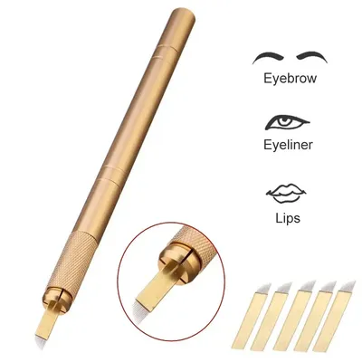 Golden Tebori 3D Tattoo Pen + 5 Pcs 12 Pins Microblading Tattoos Needles Permanent Makeup Manual Professional Eyebrow Tattoo Set