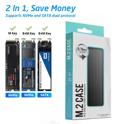 M.2 NVMe SATA SSD Enclosure Reader,10Gbps USB C 3.1 Gen2 NVMe External Enclosure Supports M key B&M