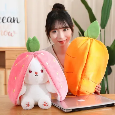 18/25cm Creative Funny Doll Carrot Rabbit Plush Toy Stuffed Soft Bunny Hiding in Strawberry Bag Toys