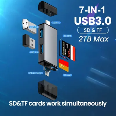 7 in 1 Card Reader USB 3.0 Type C to SD TF Memory Card Flash Drive Adapter for PC Laptop Accessories