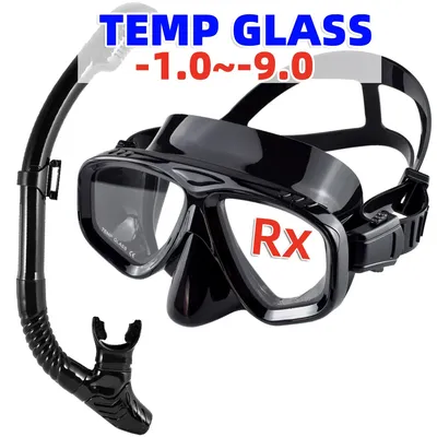 Optical Myopia Scuba Diving Mask Snorkel Set Tempered Glass,Dry Top Swimming Googles Nearsighted