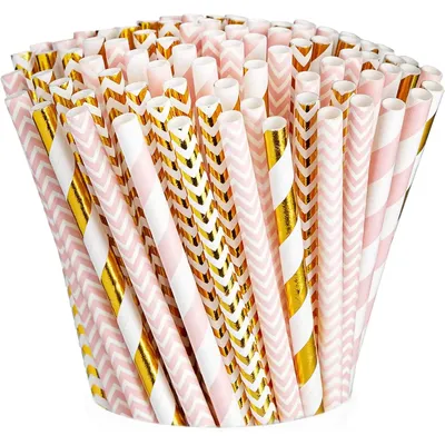[100] Pink & Gold Paper Drinking Straws 100% Biodegradable Multi-Pattern Party Straws For Birthday,