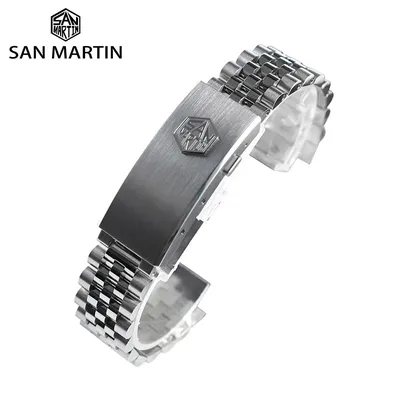 San Martin 316L Stainless Steel 5 Links J Bracelet Watch Parts For 20mm Curved End Links Fly Adjustable Clasp For SN0008 SN0128