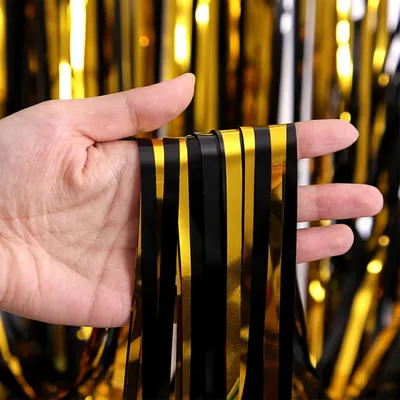 Glitter Black Gold Tinsel Fringe Foil Curtain Background Birthday Party Decorations Backdrop