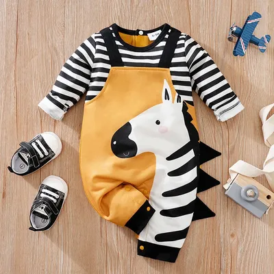 Baby Jumpsuit Cute Cartoon Strap With 3d Zebra Print For Comfortable And Soft Spring And Autumn Long Sleeves 0-18mNewbornClothes